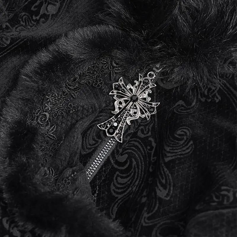 Gothic-Damenmantel mit asymmetrischem Schnallenriemen, Kapuze und Jacquardmuster
