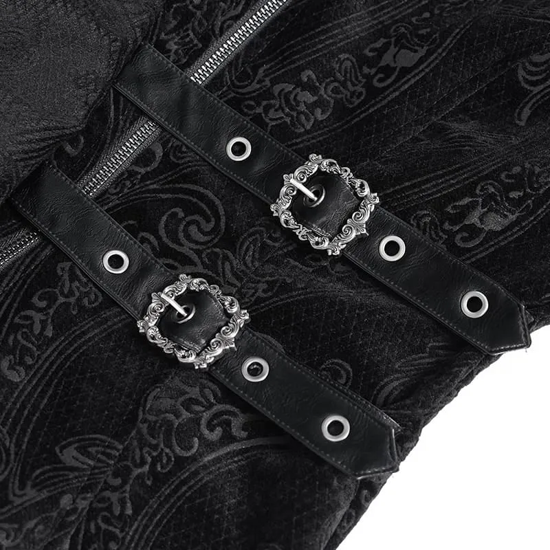 Gothic-Damenmantel mit asymmetrischem Schnallenriemen, Kapuze und Jacquardmuster