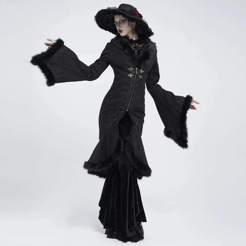 Gothic-Mantel für Damen mit Spitzenapplikationen, Kunstpelzbesatz und Frontreißverschluss