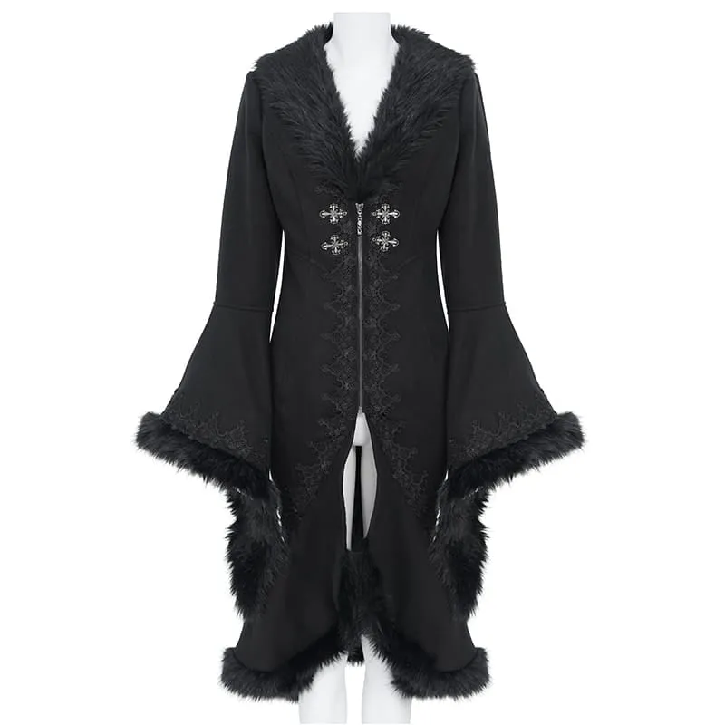 Gothic-Mantel für Damen mit Spitzenapplikationen, Kunstpelzbesatz und Frontreißverschluss