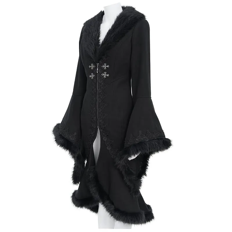 Gothic-Mantel für Damen mit Spitzenapplikationen, Kunstpelzbesatz und Frontreißverschluss