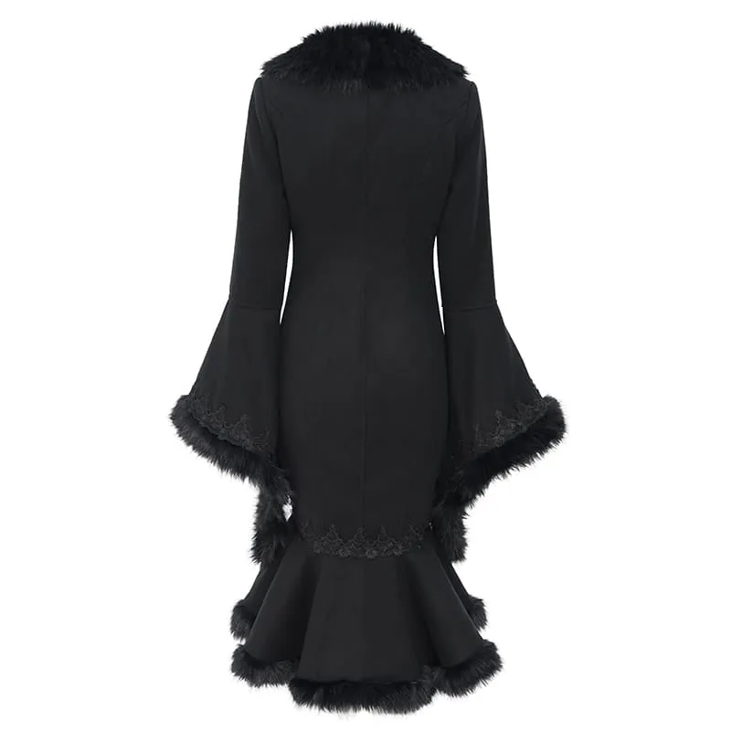 Gothic-Mantel für Damen mit Spitzenapplikationen, Kunstpelzbesatz und Frontreißverschluss