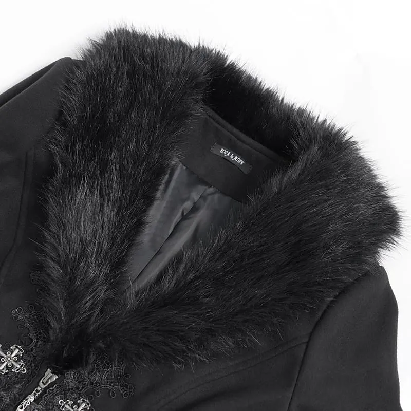 Gothic-Mantel für Damen mit Spitzenapplikationen, Kunstpelzbesatz und Frontreißverschluss