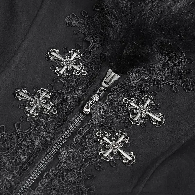 Gothic-Mantel für Damen mit Spitzenapplikationen, Kunstpelzbesatz und Frontreißverschluss