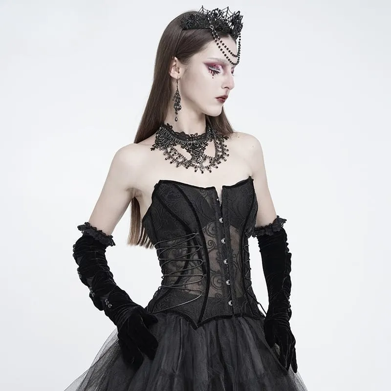 Gothic-Korsett für Damen mit Mesh-Einsatz vorne, Busk-Verschluss und überkreuzter Schnürung über der Brust