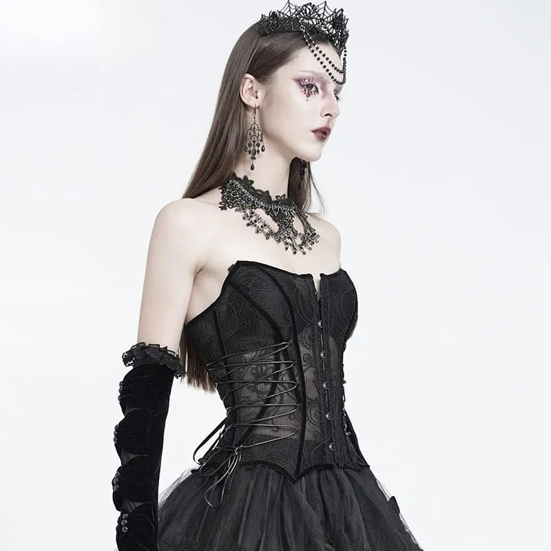 Gothic-Korsett für Damen mit Mesh-Einsatz vorne, Busk-Verschluss und überkreuzter Schnürung über der Brust