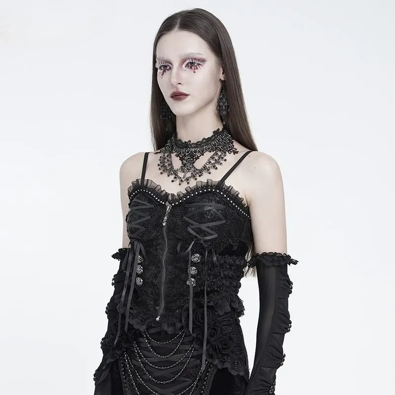 Gothic-Korsett für Damen mit Rüschen, Schnürung, Reißverschluss vorne und Überbrustbereich