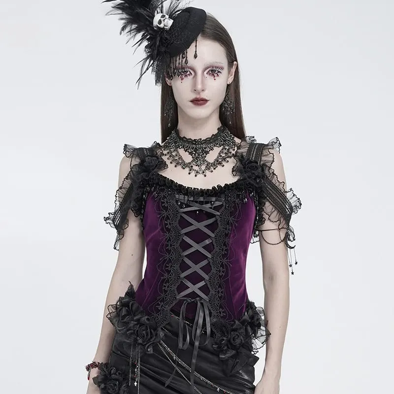 Gothic-Korsett für Damen mit Rosenmuster, Perlen, Quasten, Spitzenbesatz und Schnürung, schwarz-lila