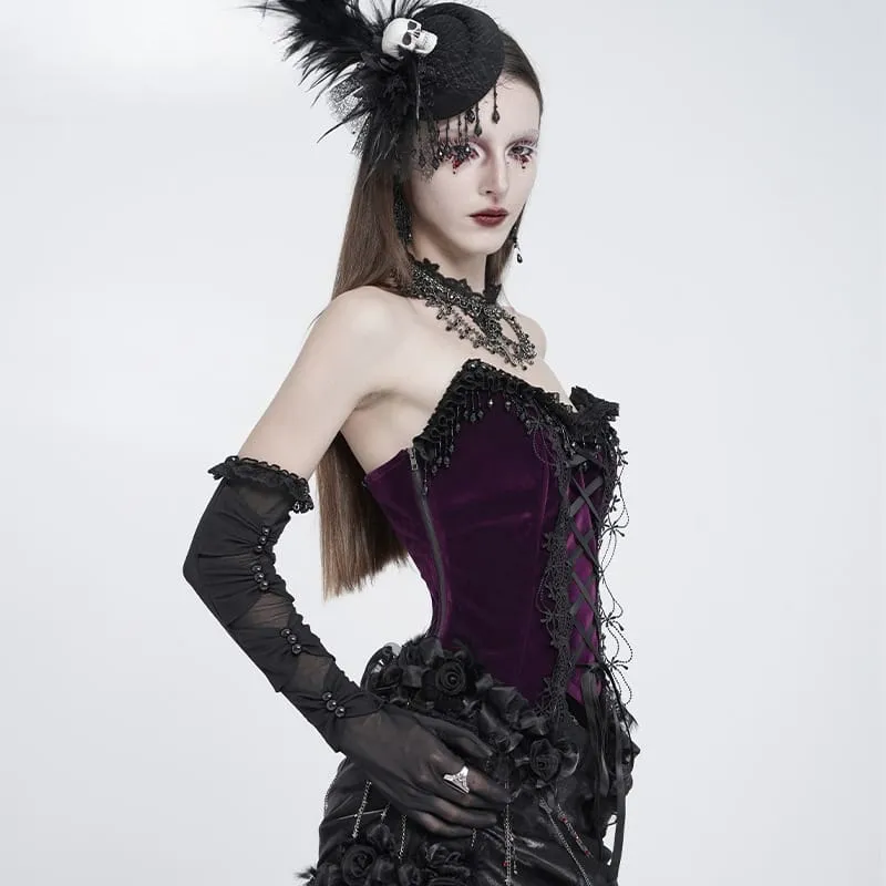 Gothic-Korsett für Damen mit Rosenmuster, Perlen, Quasten, Spitzenbesatz und Schnürung, schwarz-lila