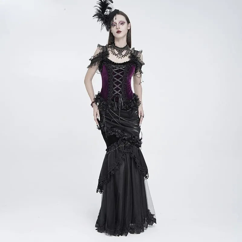 Gothic-Korsett für Damen mit Rosenmuster, Perlen, Quasten, Spitzenbesatz und Schnürung, schwarz-lila
