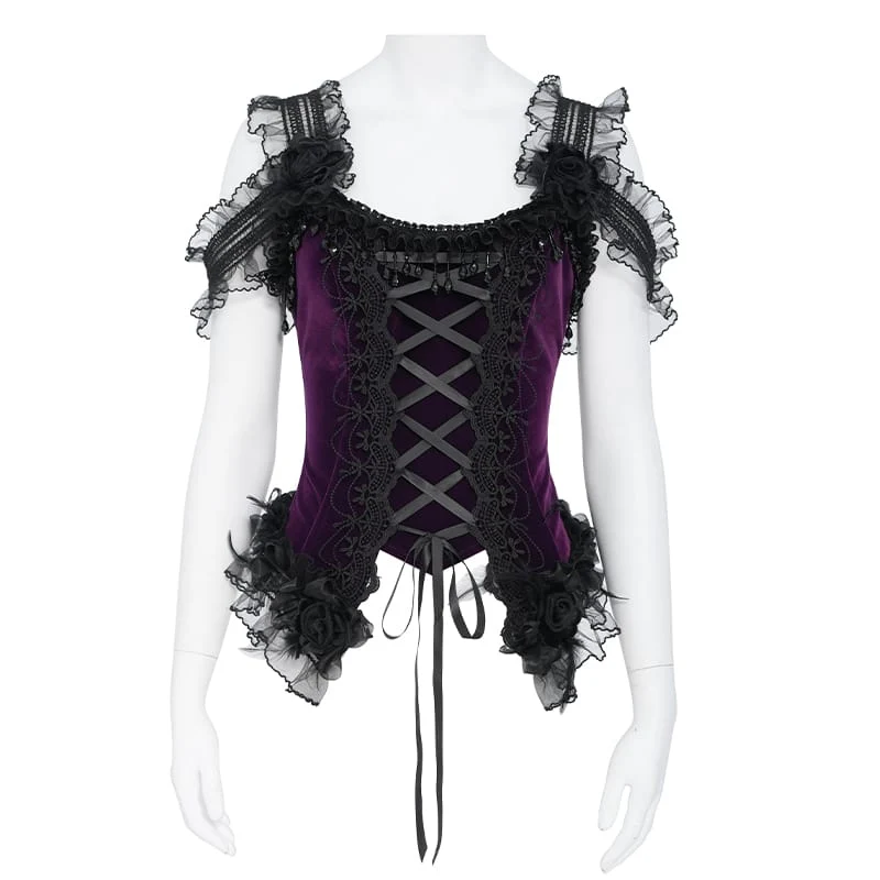 Gothic-Korsett für Damen mit Rosenmuster, Perlen, Quasten, Spitzenbesatz und Schnürung, schwarz-lila