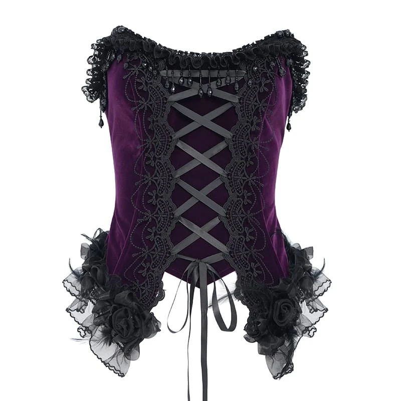 Gothic-Korsett für Damen mit Rosenmuster, Perlen, Quasten, Spitzenbesatz und Schnürung, schwarz-lila
