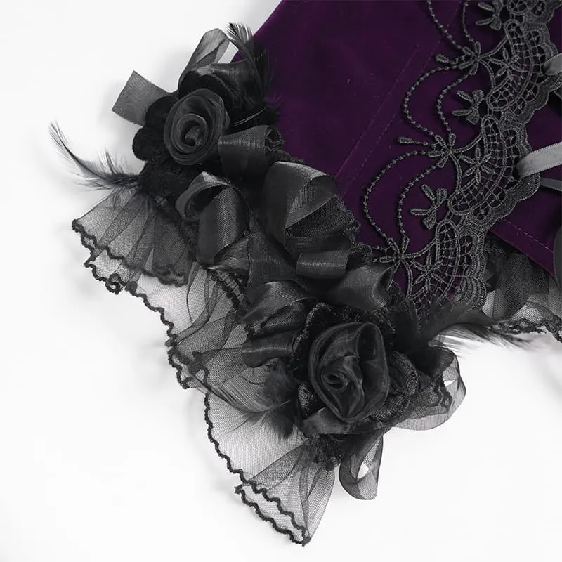 Gothic-Korsett für Damen mit Rosenmuster, Perlen, Quasten, Spitzenbesatz und Schnürung, schwarz-lila