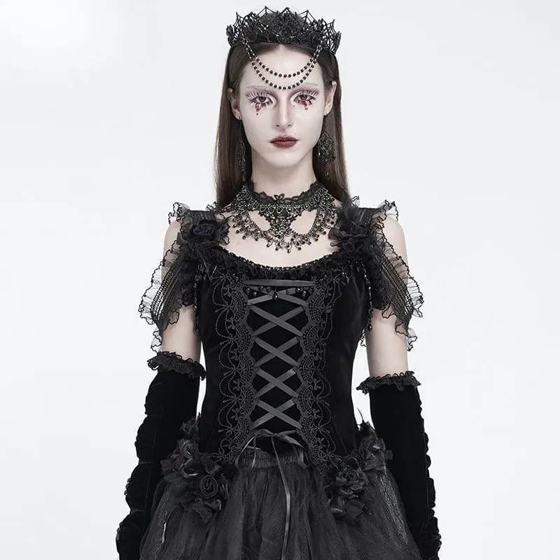 Schwarzes Gothic-Korsett für Damen mit Rosenmuster, Perlen, Quasten, Spitzenbesatz und Schnürung über der Brust