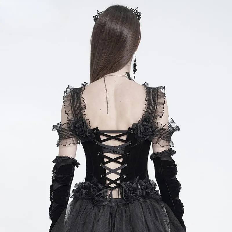 Schwarzes Gothic-Korsett für Damen mit Rosenmuster, Perlen, Quasten, Spitzenbesatz und Schnürung über der Brust