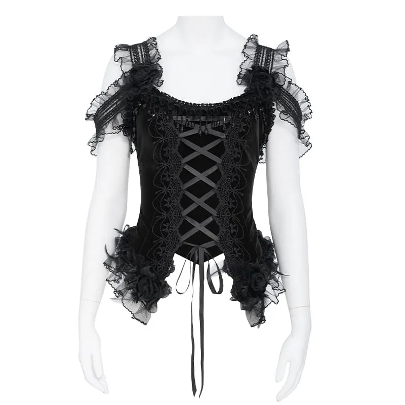Schwarzes Gothic-Korsett für Damen mit Rosenmuster, Perlen, Quasten, Spitzenbesatz und Schnürung über der Brust