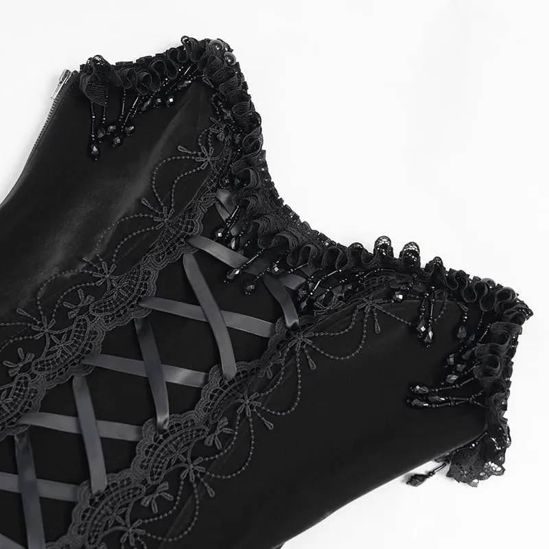 Schwarzes Gothic-Korsett für Damen mit Rosenmuster, Perlen, Quasten, Spitzenbesatz und Schnürung über der Brust