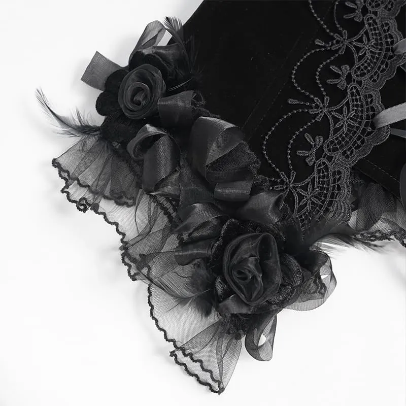 Schwarzes Gothic-Korsett für Damen mit Rosenmuster, Perlen, Quasten, Spitzenbesatz und Schnürung über der Brust