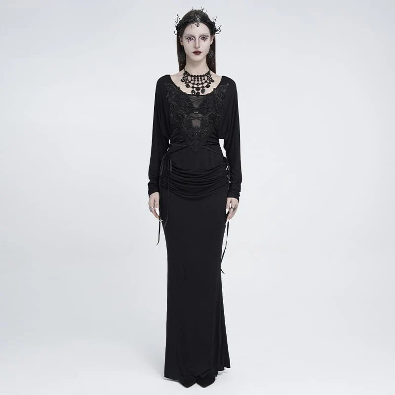Gothic-Maxikleid für Damen mit Spitzenapplikationen, Schnürung, Drapierung und langen Ärmeln