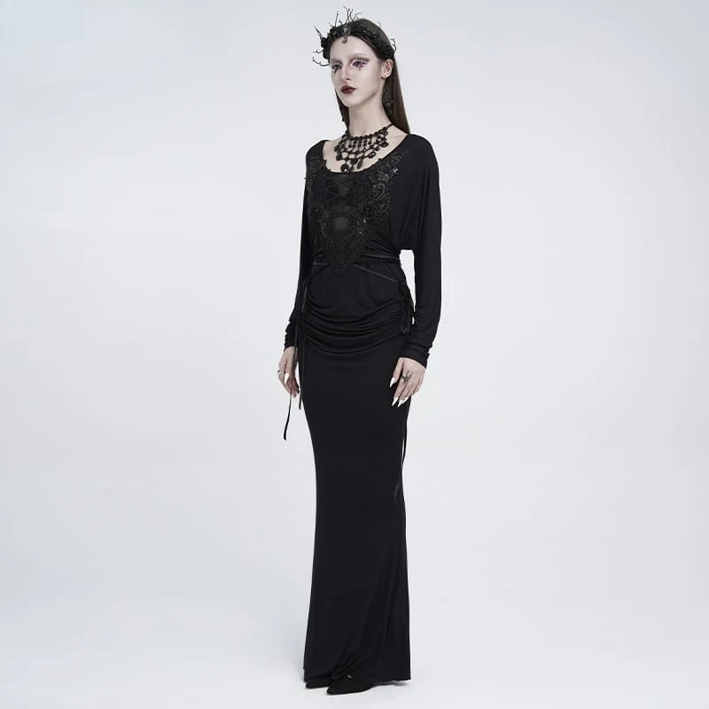 Gothic-Maxikleid für Damen mit Spitzenapplikationen, Schnürung, Drapierung und langen Ärmeln