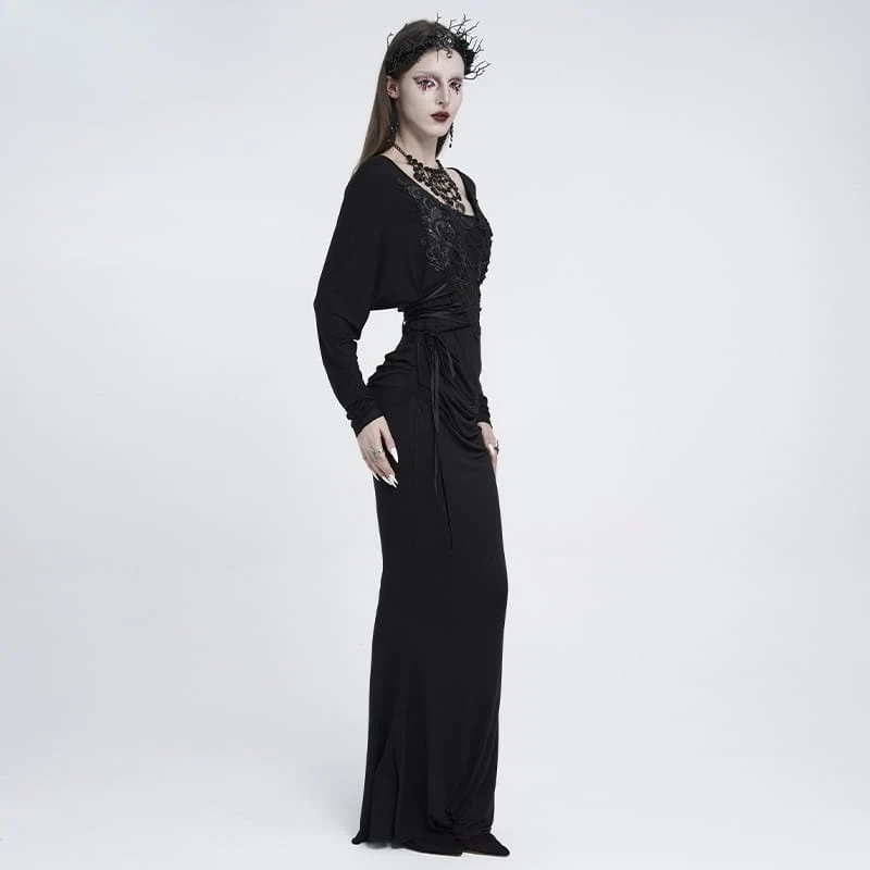 Gothic-Maxikleid für Damen mit Spitzenapplikationen, Schnürung, Drapierung und langen Ärmeln