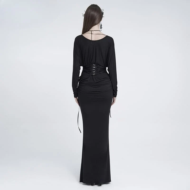Gothic-Maxikleid für Damen mit Spitzenapplikationen, Schnürung, Drapierung und langen Ärmeln