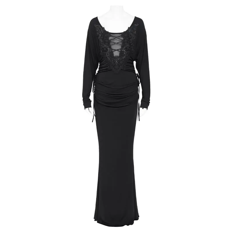 Gothic-Maxikleid für Damen mit Spitzenapplikationen, Schnürung, Drapierung und langen Ärmeln