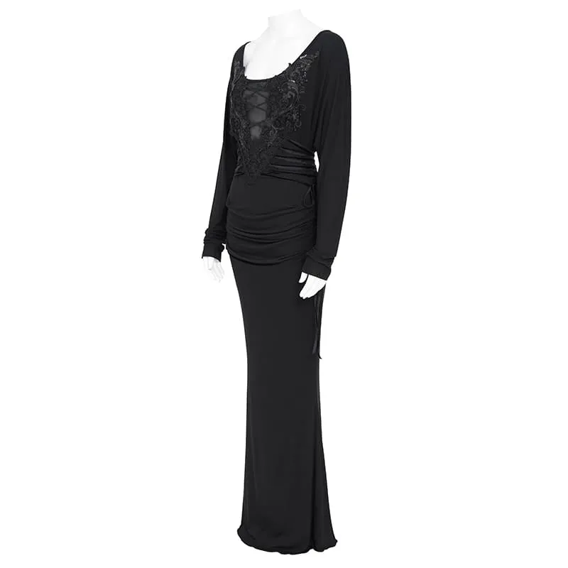 Gothic-Maxikleid für Damen mit Spitzenapplikationen, Schnürung, Drapierung und langen Ärmeln