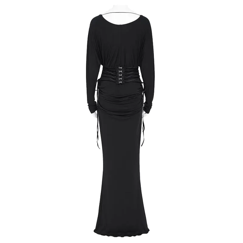 Gothic-Maxikleid für Damen mit Spitzenapplikationen, Schnürung, Drapierung und langen Ärmeln
