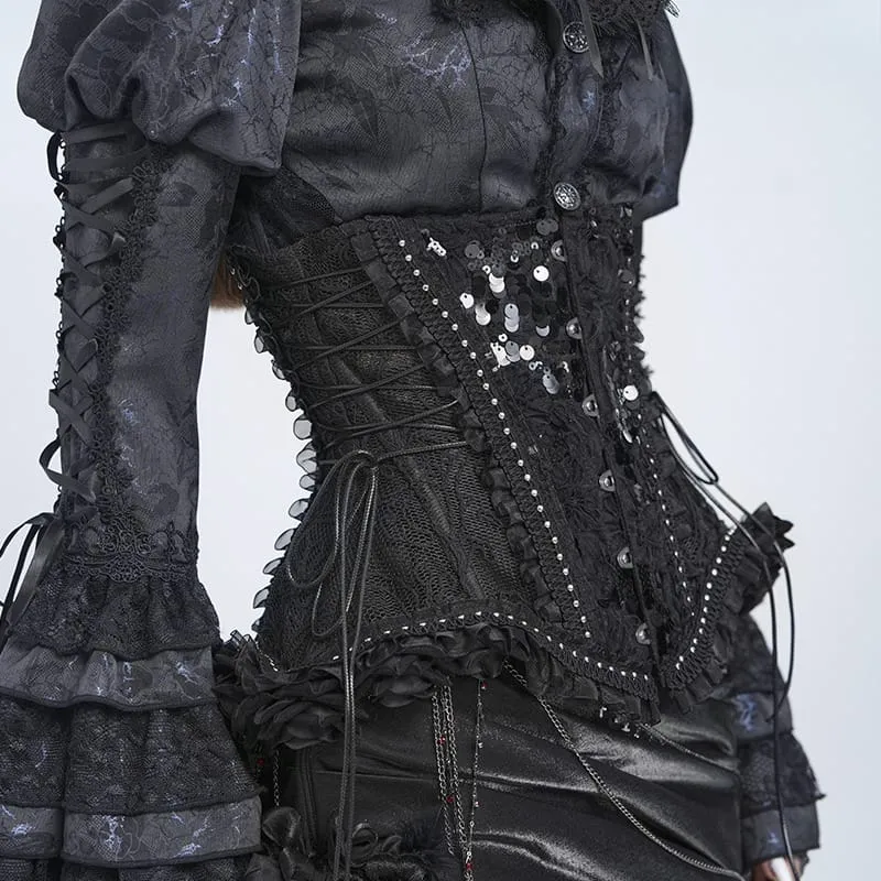 Gothic-Korsett für Damen mit Rosenrüschen vorne, Schnürung und Unterbrustverschluss