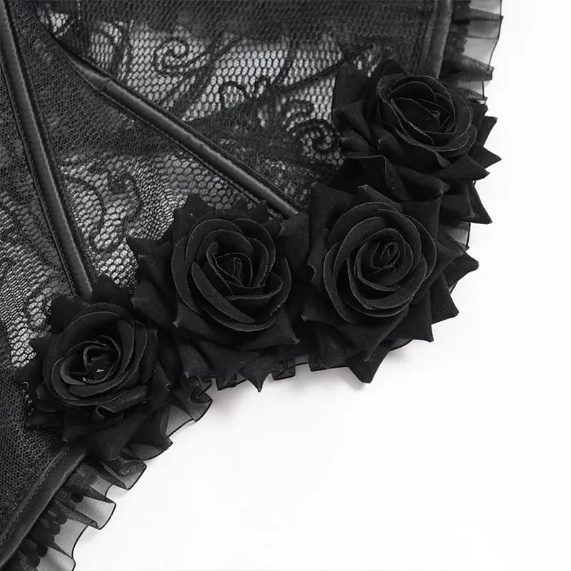 Gothic-Korsett für Damen mit Rosenrüschen vorne, Schnürung und Unterbrustverschluss