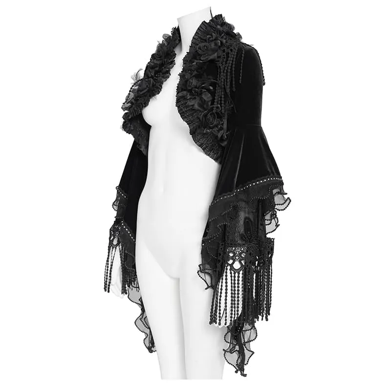 Gothic-Umhang aus Samt für Damen mit Rosenrüschen, Quasten und ausgestellten Ärmeln.