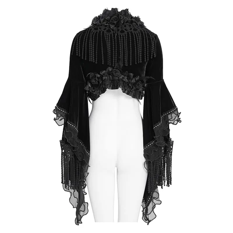 Gothic-Umhang aus Samt für Damen mit Rosenrüschen, Quasten und ausgestellten Ärmeln.