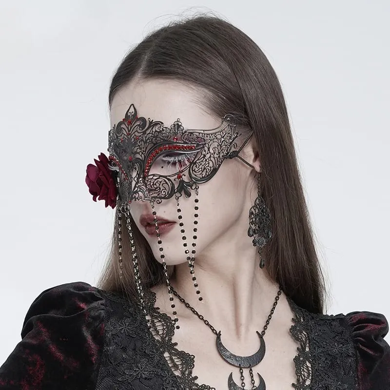 Gothic-Maske für Damen mit Rosenmuster, Perlenbesatz und Fransen, schwarz-rot