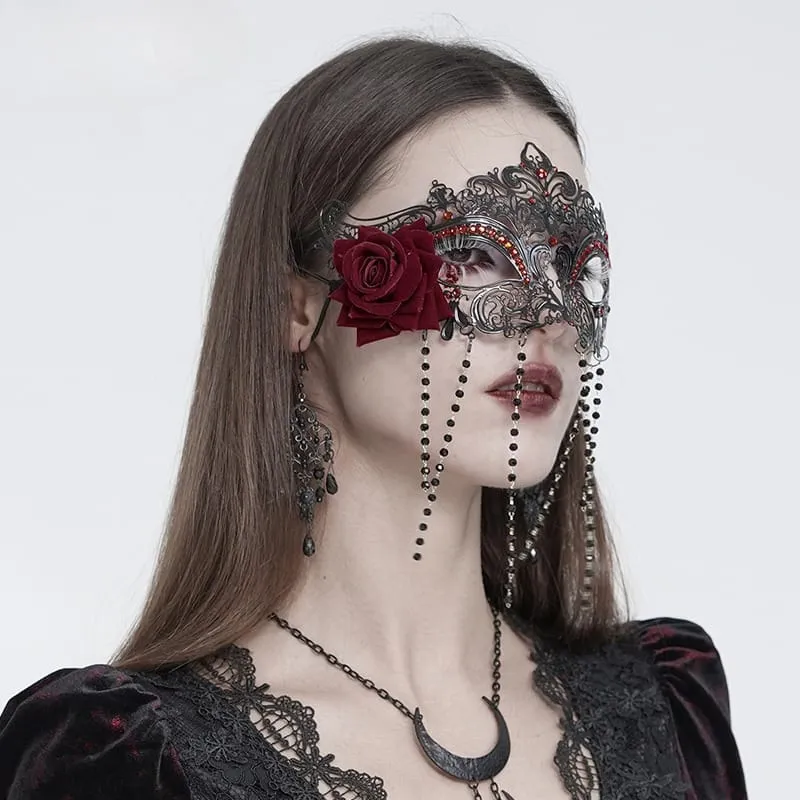 Gothic-Maske für Damen mit Rosenmuster, Perlenbesatz und Fransen, schwarz-rot