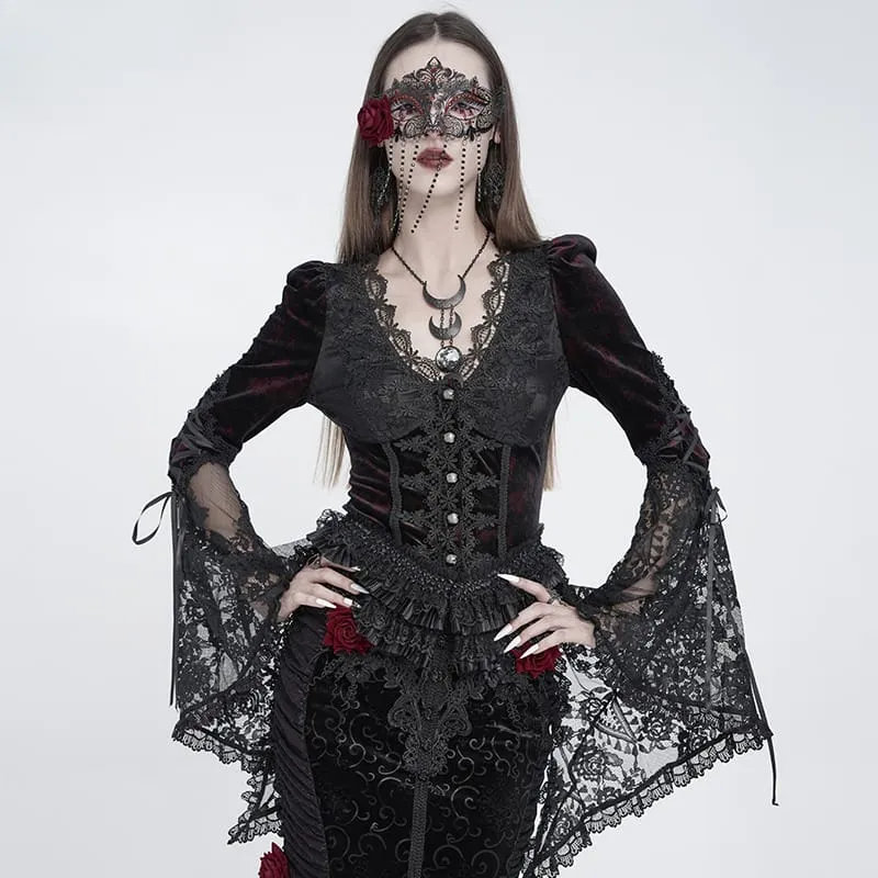 Gothic-Maske für Damen mit Rosenmuster, Perlenbesatz und Fransen, schwarz-rot