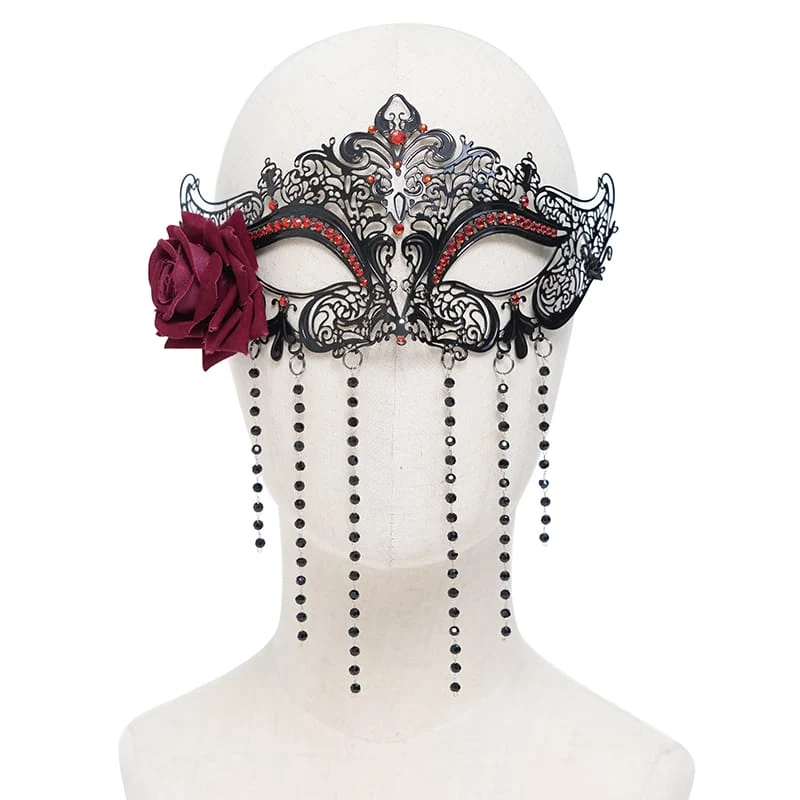Gothic-Maske für Damen mit Rosenmuster, Perlenbesatz und Fransen, schwarz-rot