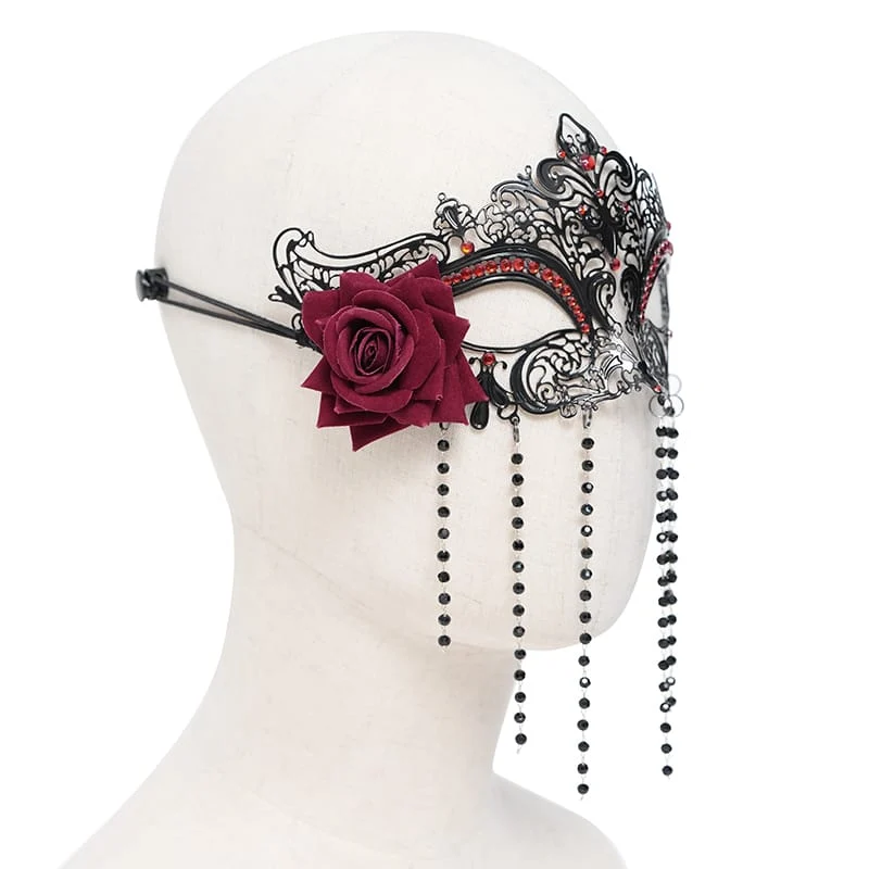 Gothic-Maske für Damen mit Rosenmuster, Perlenbesatz und Fransen, schwarz-rot