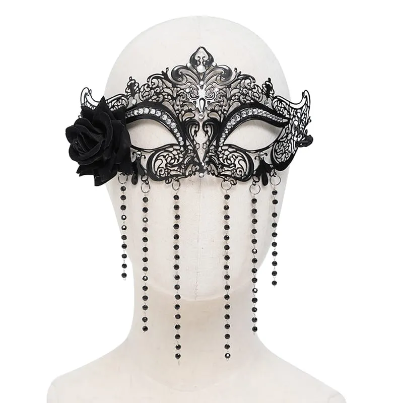 Schwarze Gothic-Maske für Damen mit Rosenmuster, Perlenbesatz und Fransen.