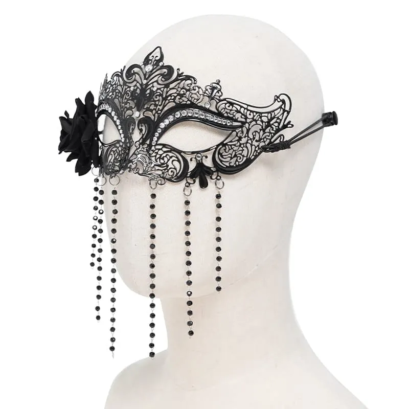 Schwarze Gothic-Maske für Damen mit Rosenmuster, Perlenbesatz und Fransen.
