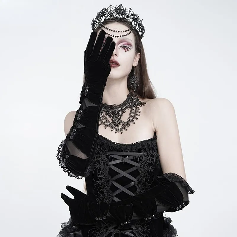Lange Gothic-Handschuhe für Damen mit gerafftem Mesh-Einsatz und Samt