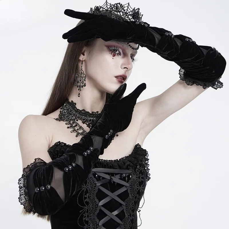 Lange Gothic-Handschuhe für Damen mit gerafftem Mesh-Einsatz und Samt