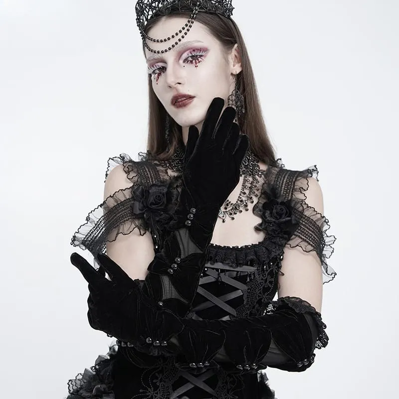 Lange Gothic-Handschuhe für Damen mit gerafftem Mesh-Einsatz und Samt