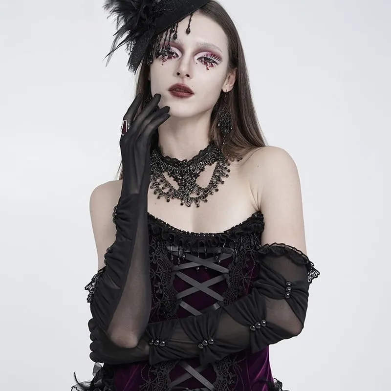 Lange Gothic-Handschuhe für Damen mit gerafftem Mesh-Einsatz