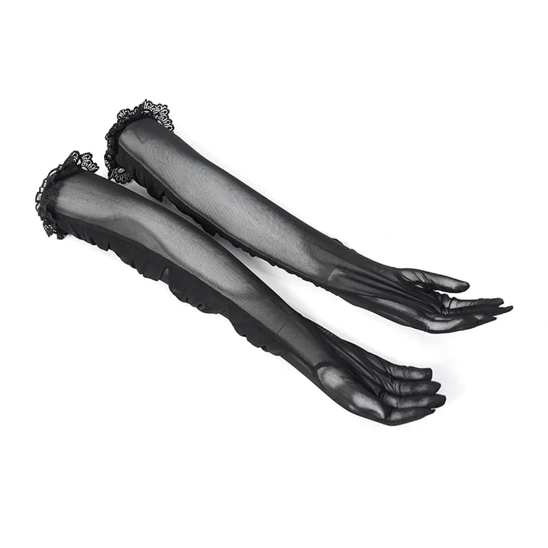 Lange Gothic-Handschuhe für Damen mit gerafftem Mesh-Einsatz