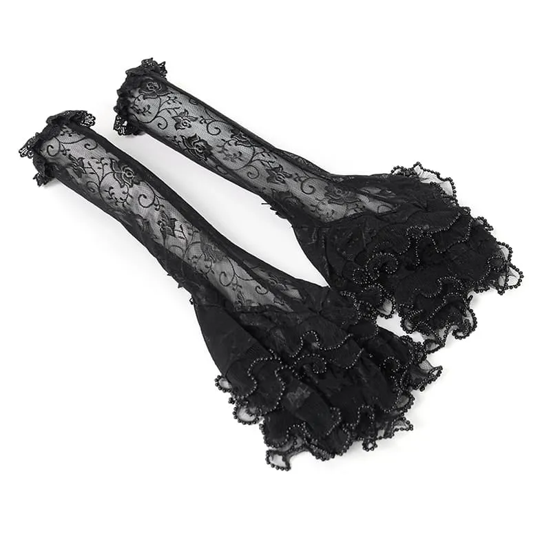 Gothic-Ärmel für Damen mit mehreren Lagen, Perlenbesatz, Rüschen und Rosenmuster aus Mesh