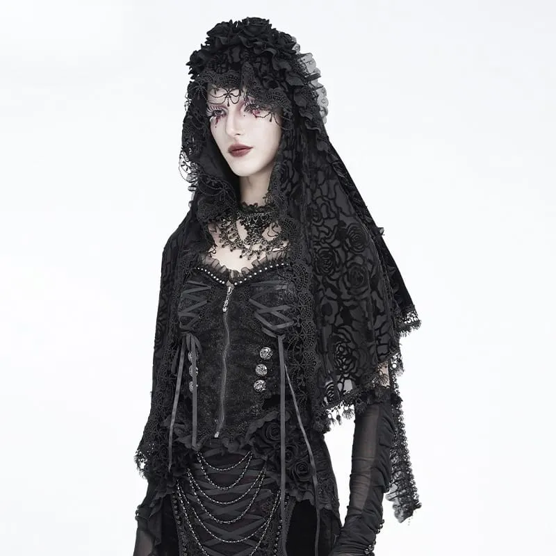 Gothic-Cape für Damen mit Rosenmuster, Rüschenspitze, Quasten und Kapuze