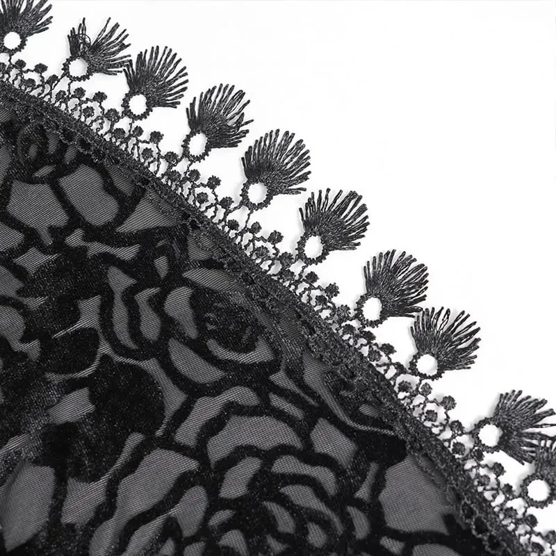 Gothic-Cape für Damen mit Rosenmuster, Rüschenspitze, Quasten und Kapuze