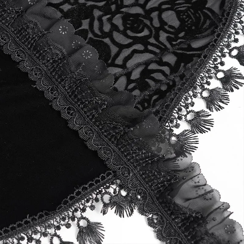 Gothic-Cape für Damen mit Rosenmuster, Rüschenspitze, Quasten und Kapuze