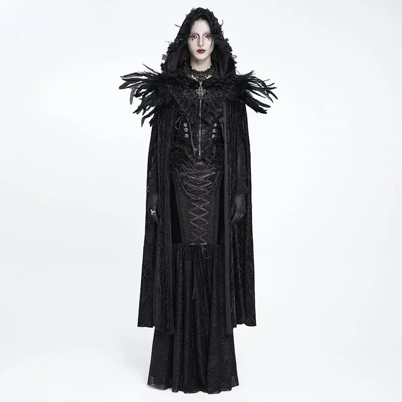 Gothic-Umhang für Damen mit floralem Feder- und Spitzenbesatz, Kapuze und langem Design